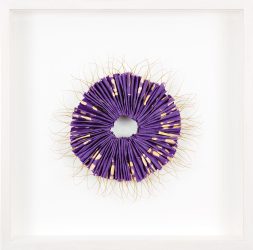 Millstone 02 | material: flax, japanese kimonolabels | 55 x 55 x 5 cm framed